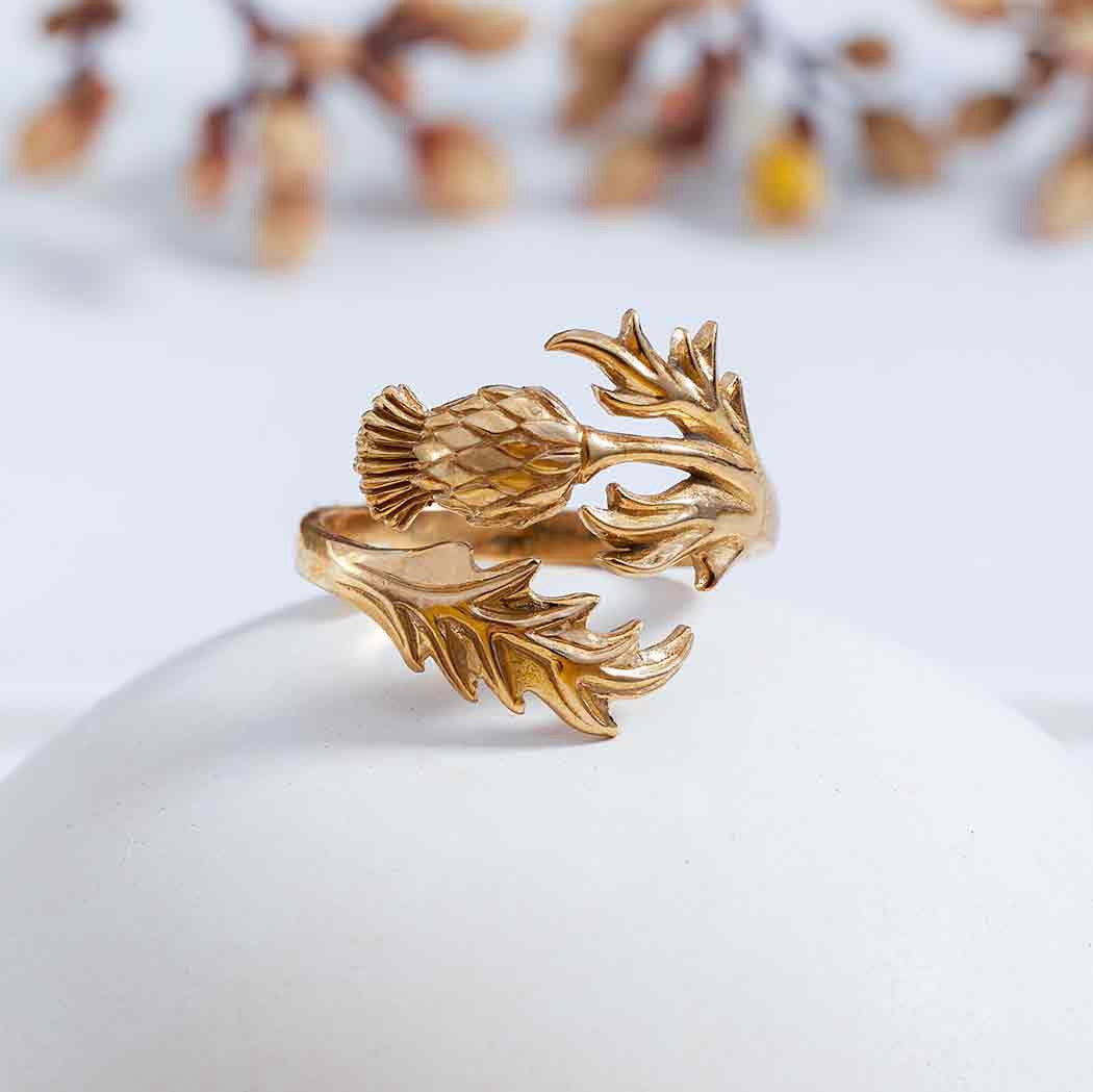 Bronze ring on a white background with dried plants further in the background. The ring is adjustable and thus open in the middle at the top of the opening is a thistle flower with small leaves, at the bottom of the opening is a large leaf.