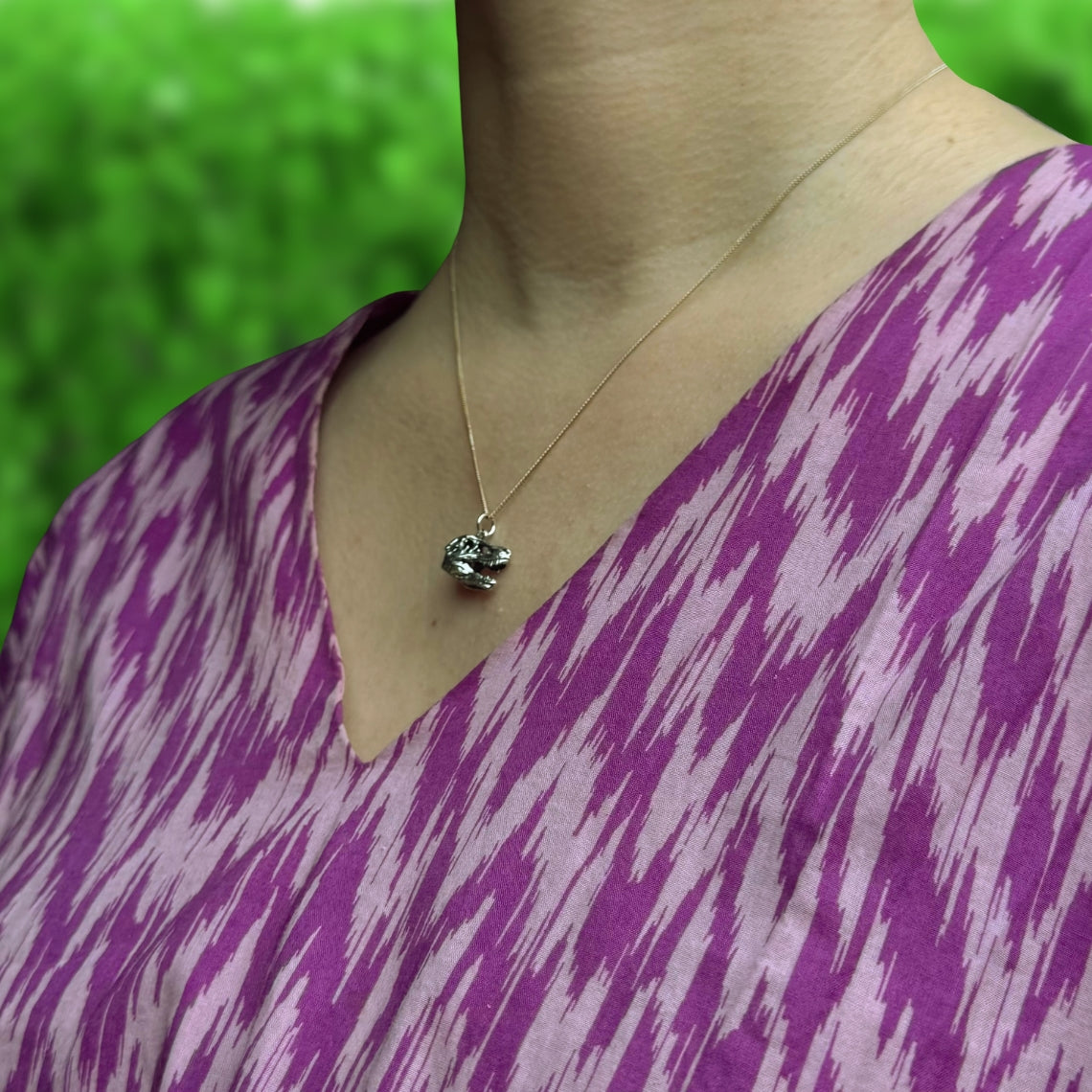 Silver necklace T-rex skull