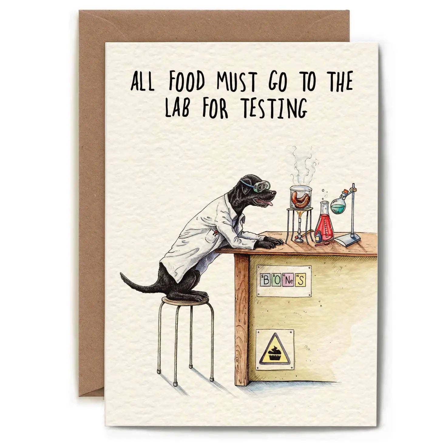 Greeting card lab "All food must go to the lab for testing"
