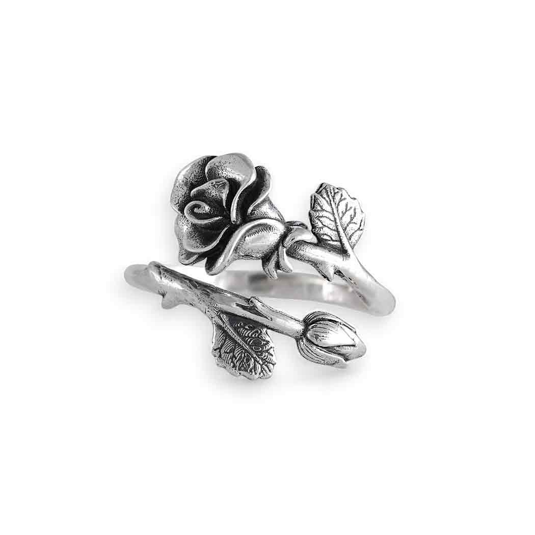 Zilveren ring roos en rozenknop