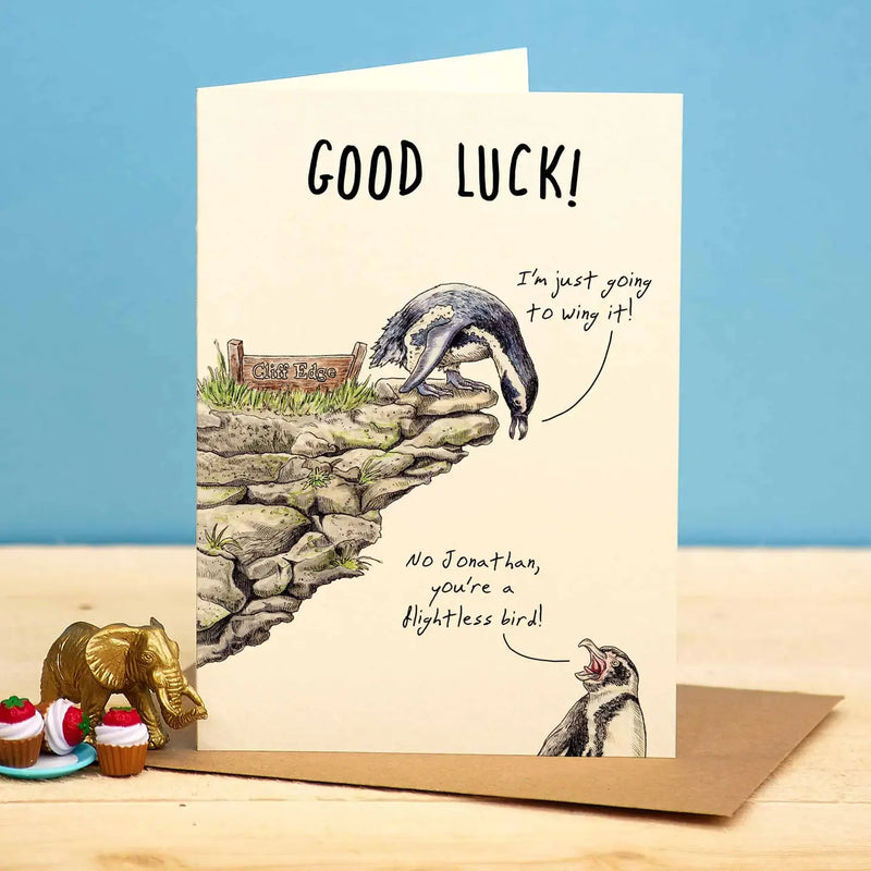 Wenskaart pinguïn “Good Luck”