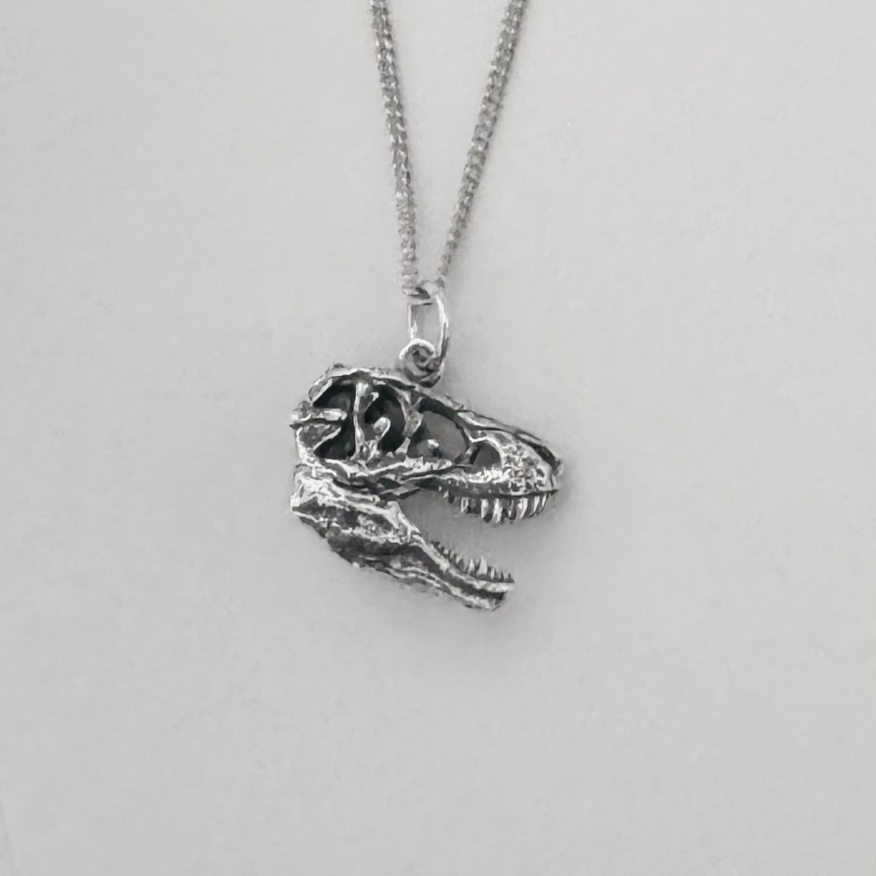 Silver necklace T-rex skull