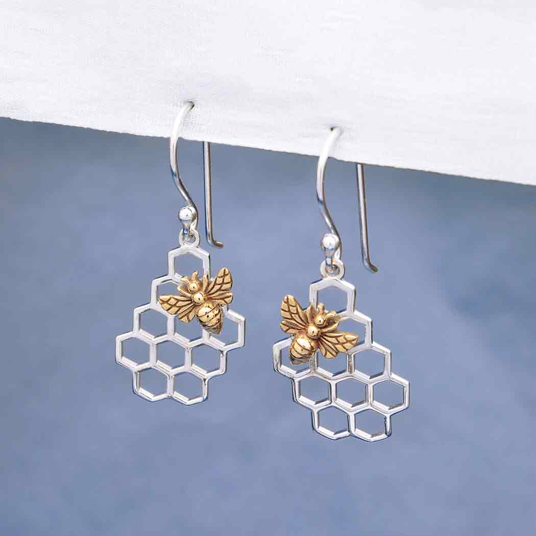 Silver earrings with honeycomb and bronze bee -. Fairy Positron