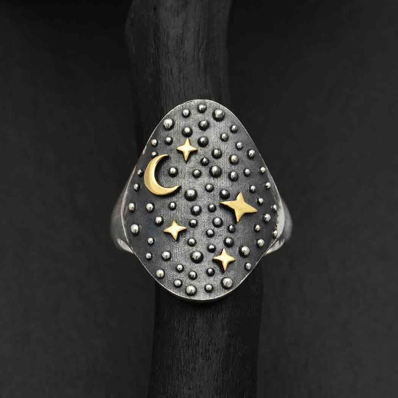 Zilveren ring Night Sky met bronzen maan en sterren - Fairy Positron